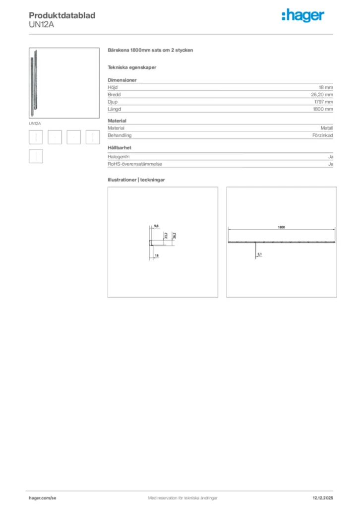 Bild Hager Produktdatablad UN12A | Hager Sverige