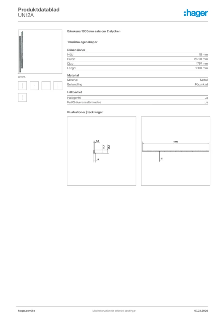Bild Hager Produktdatablad UN12A | Hager Sverige