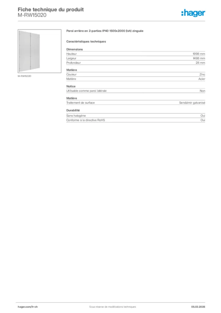 Image Hager Fiche technique du produit M-RW15020 | Hager Suisse