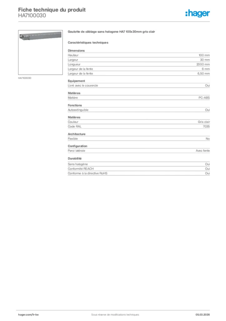 Image Hager Fiche technique du produit HA7100030 | Hager Belgique