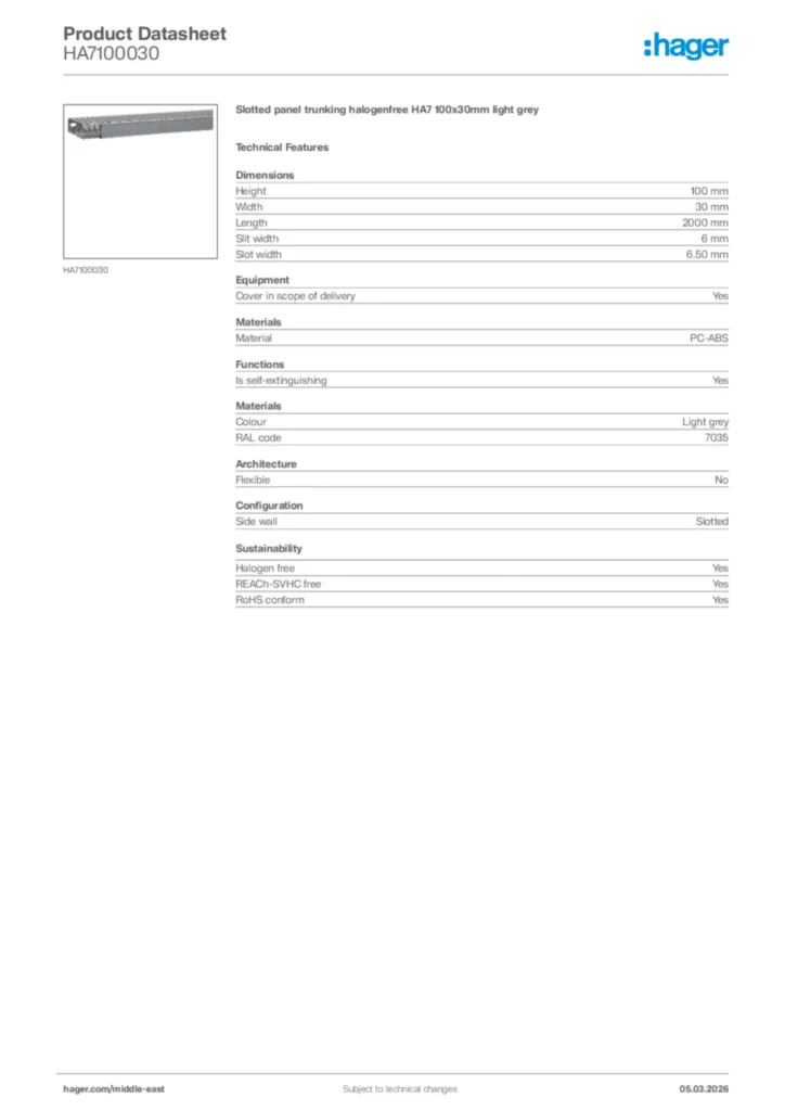 Image Hager Product data sheet HA7100030  | Hager