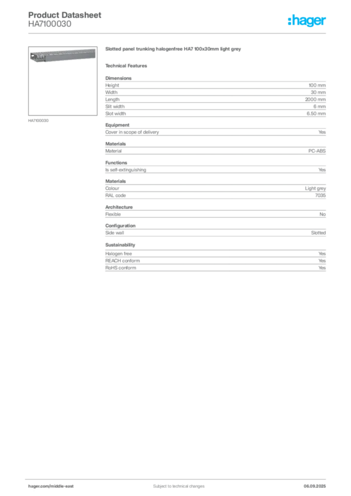 Image Hager Product data sheet HA7100030  | Hager