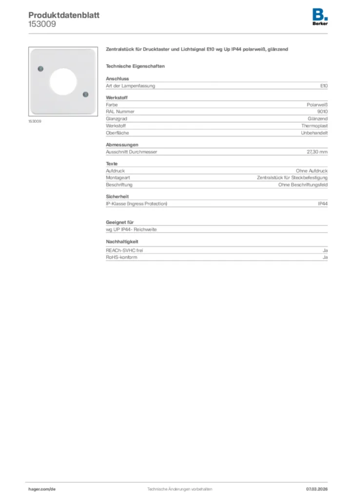 Bild Berker Produktdatenblatt 153009 | Hager Deutschland