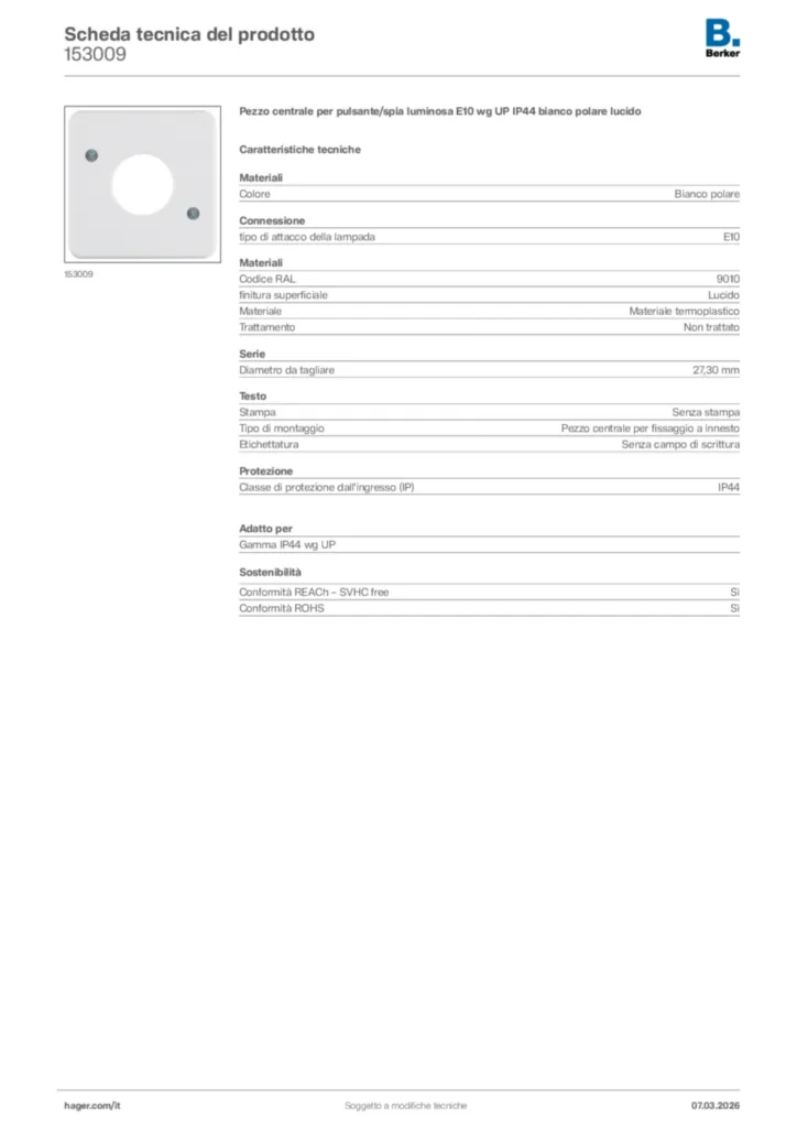 Immagine Berker Scheda tecnica del prodotto 153009 | Hager Italia