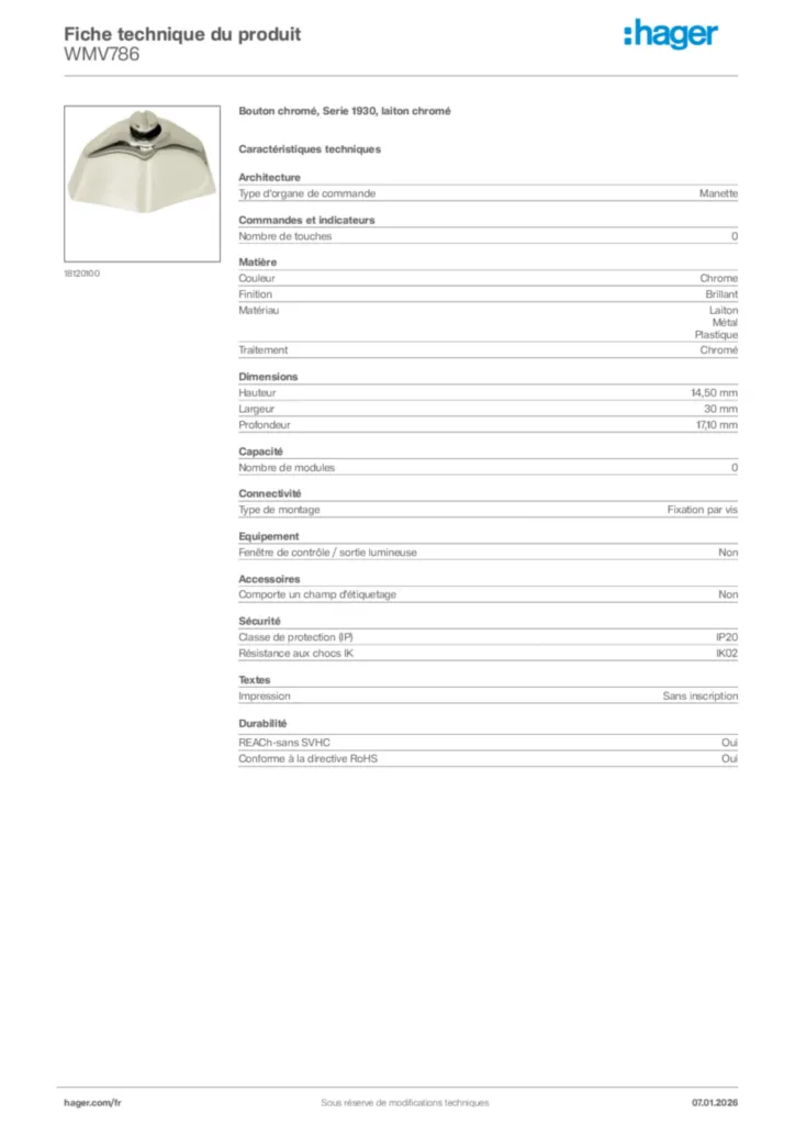 Image Hager Fiche technique du produit WMV786 | Hager France
