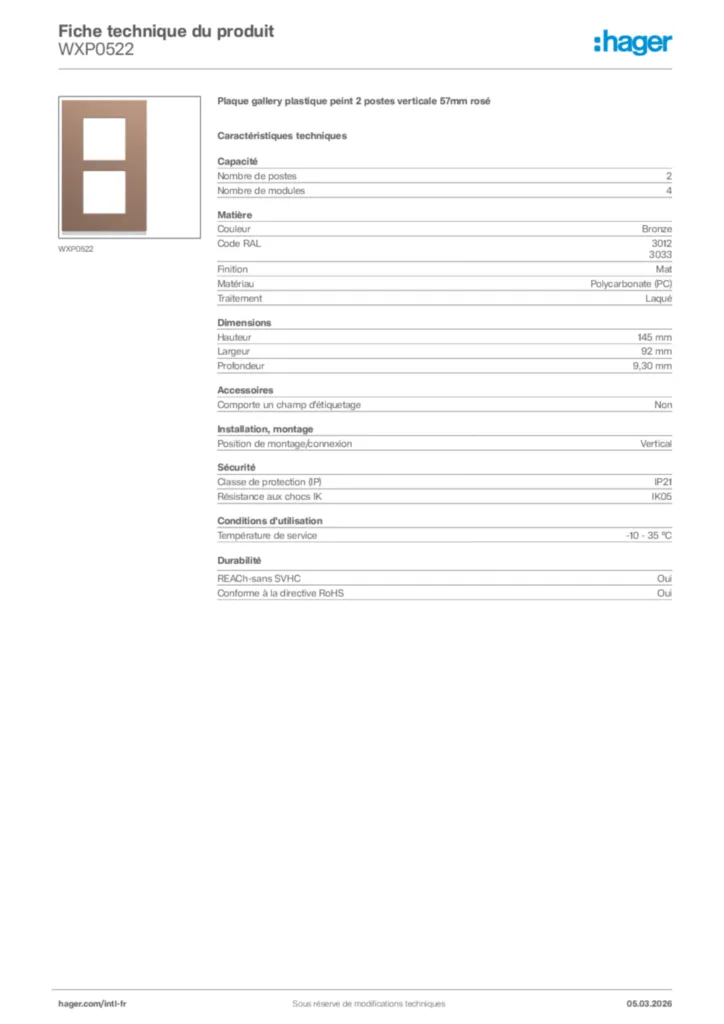 Image Hager Fiche technique du produit WXP0522 | Hager Afrique