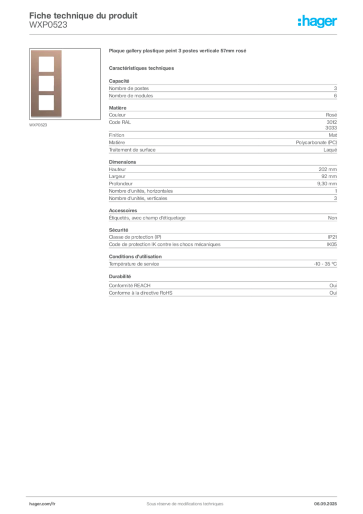 Image Hager Fiche technique du produit WXP0523 | Hager France