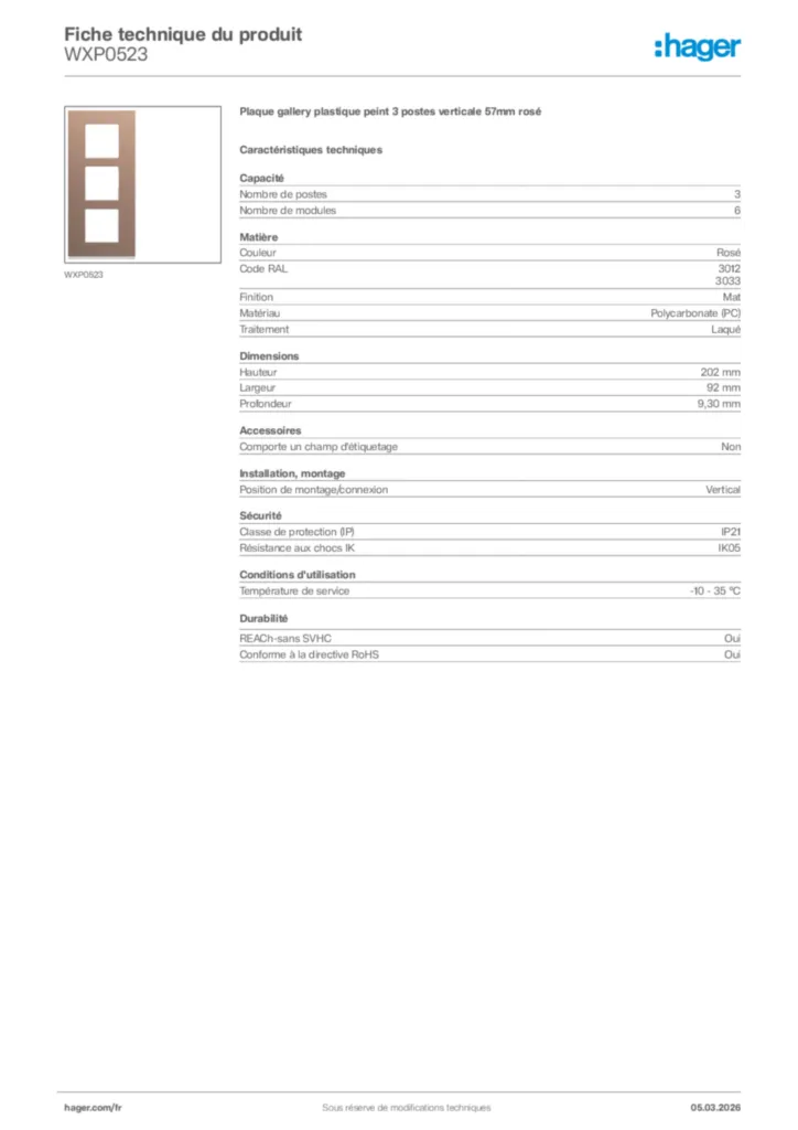Image Hager Fiche technique du produit WXP0523 | Hager France