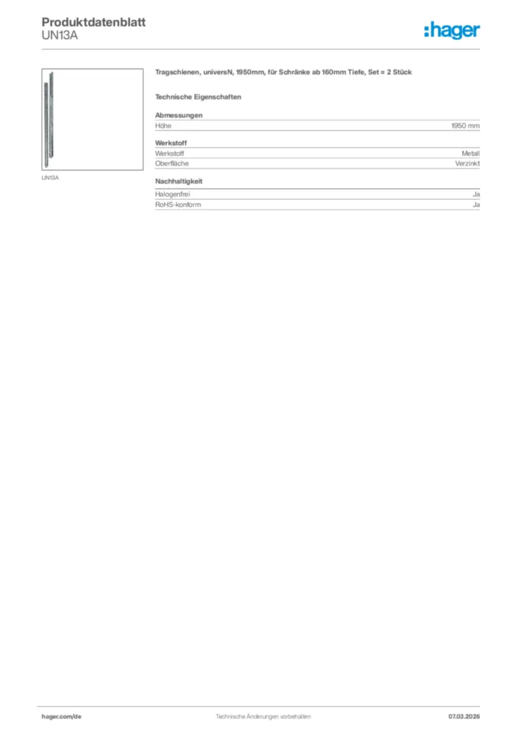 Bild Hager Produktdatenblatt UN13A | Hager Deutschland