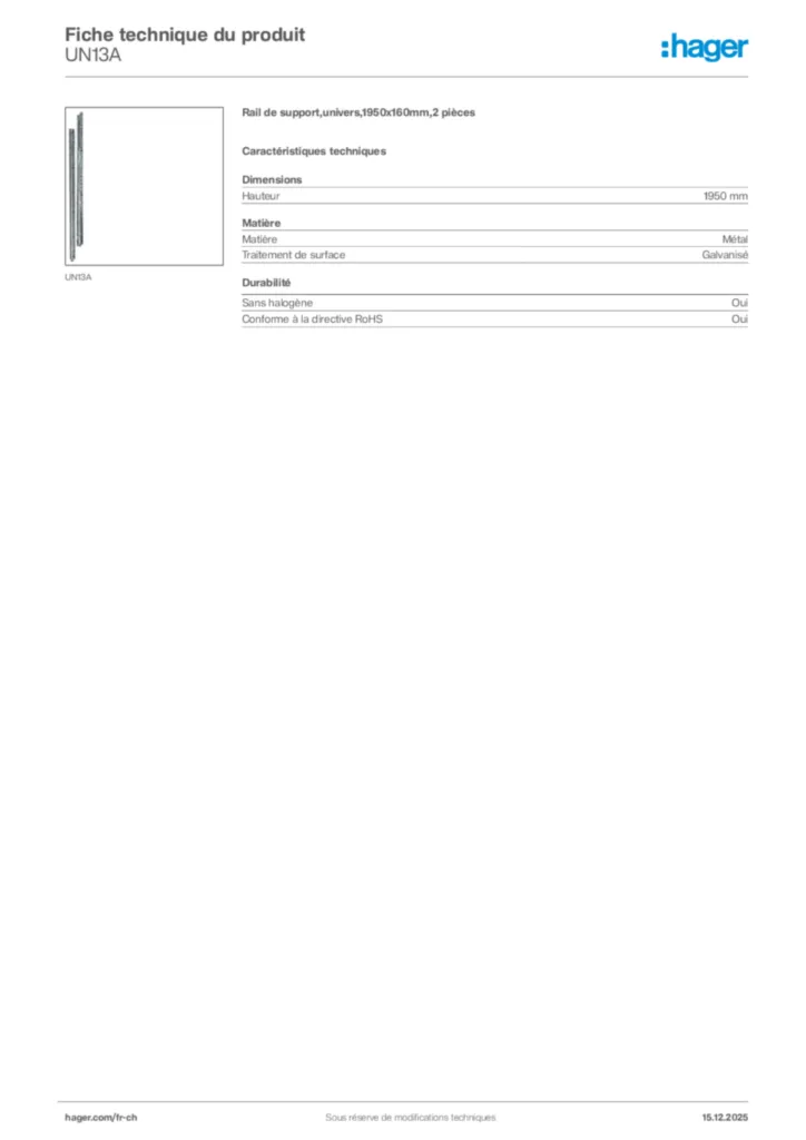 Image Hager Fiche technique du produit UN13A | Hager Suisse