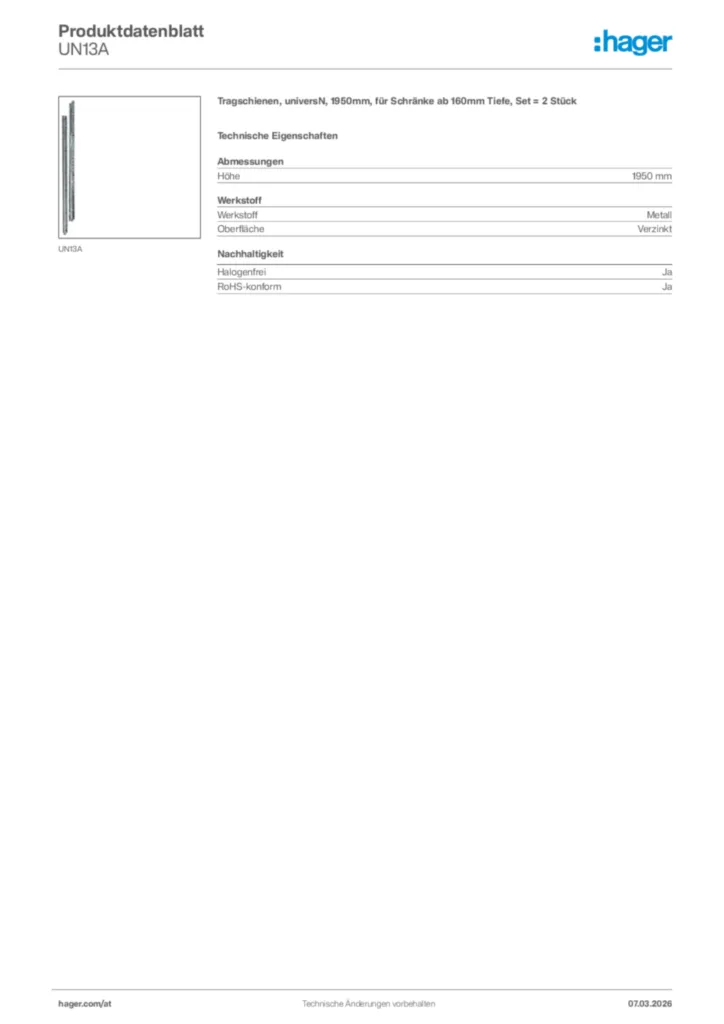 Bild Hager Produktdatenblatt UN13A | Hager Deutschland