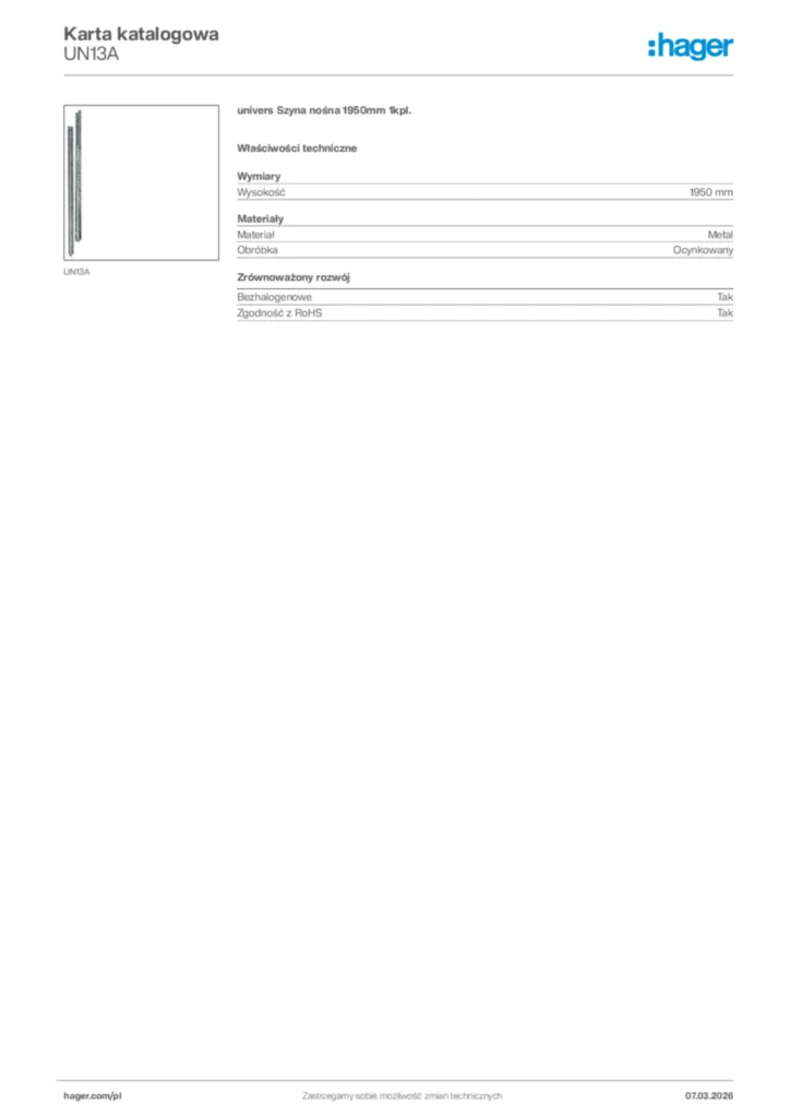 Zdjęcie Hager Karta katalogowa UN13A | Hager Polska