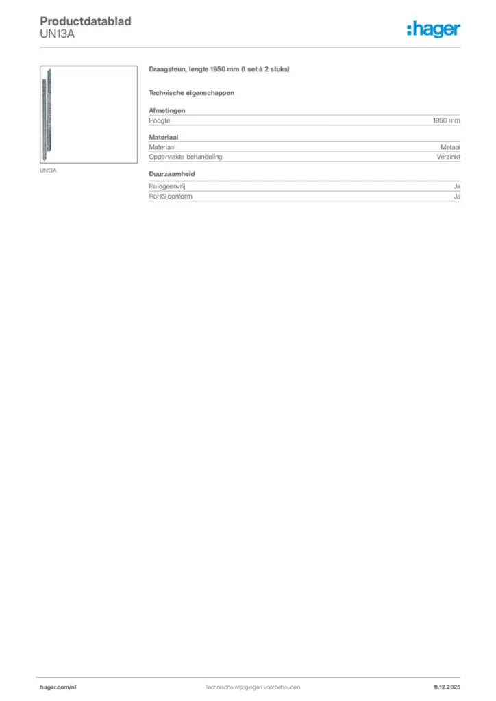 Afbeelding Hager Productdatablad UN13A | Hager Nederland