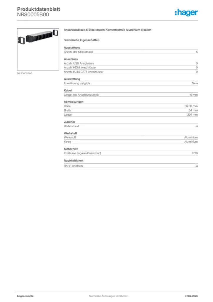 Bild Hager Produktdatenblatt NRS0005B00 | Hager Deutschland