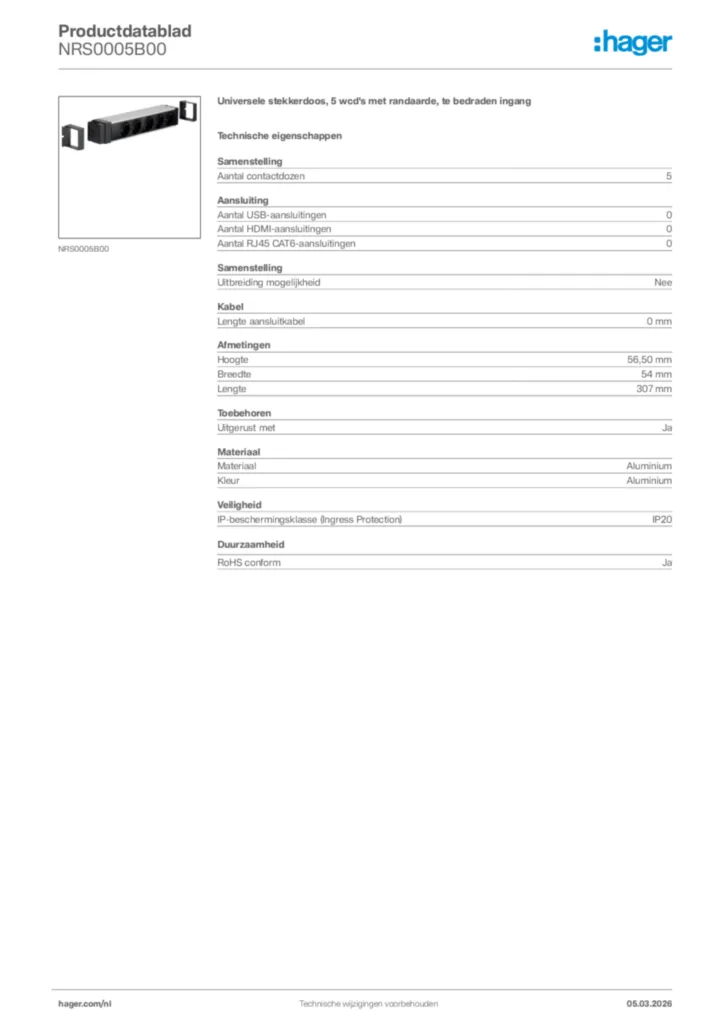 Afbeelding Hager Productdatablad NRS0005B00 | Hager Nederland