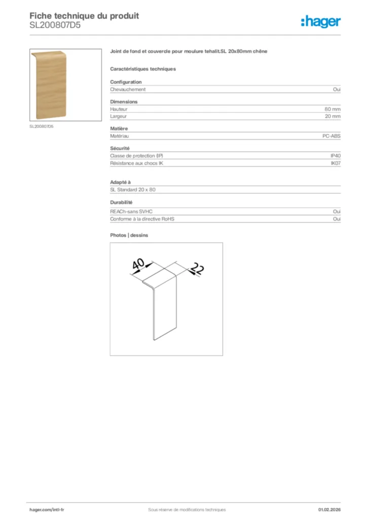 Image Hager Fiche technique du produit SL200807D5 | Hager Afrique