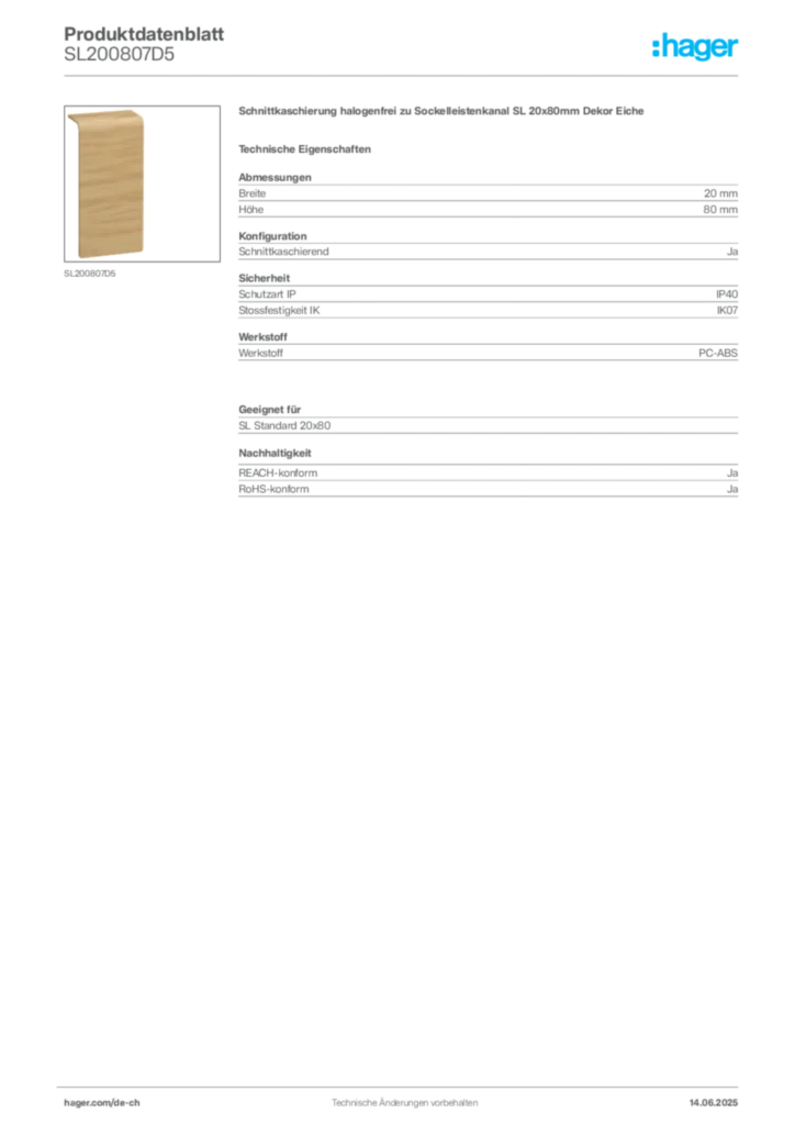 Bild Hager Produktdatenblatt SL200807D5 | Hager Schweiz