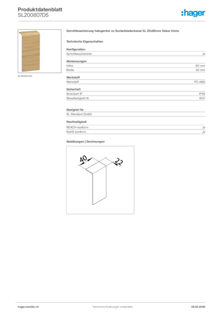 Bild Hager Produktdatenblatt SL200807D5 | Hager Schweiz