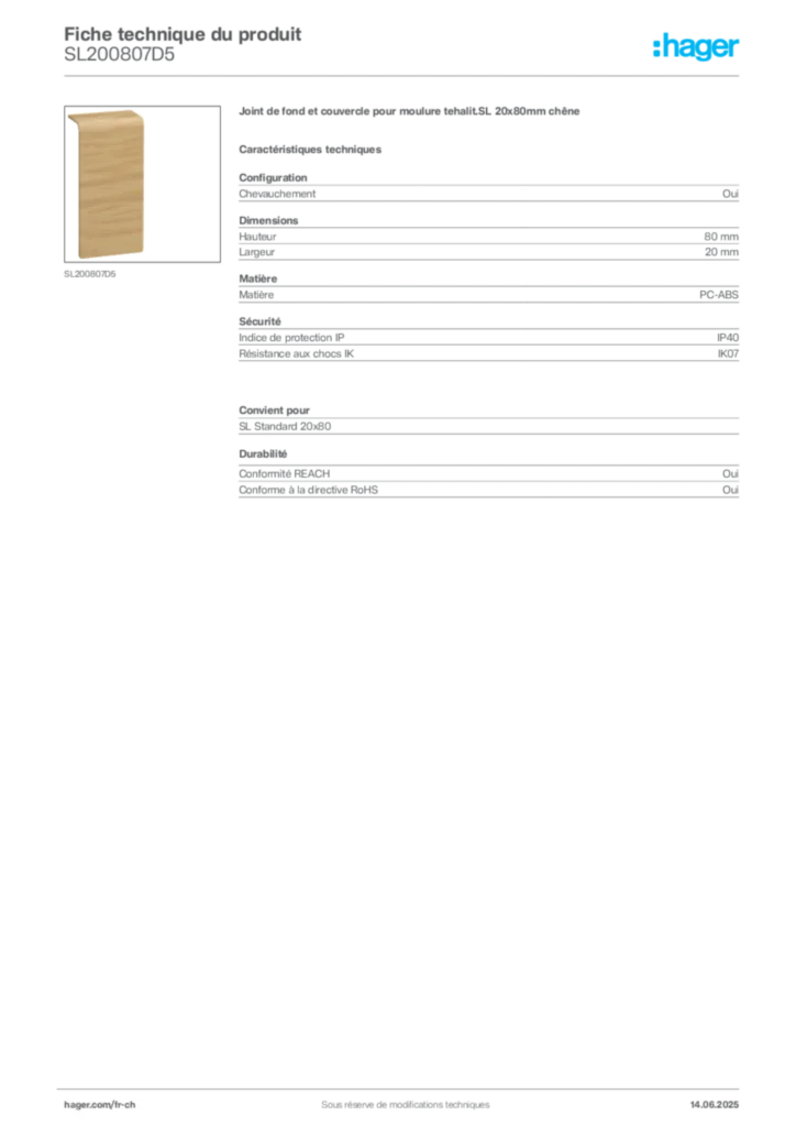 Image Hager Fiche technique du produit SL200807D5 | Hager Suisse