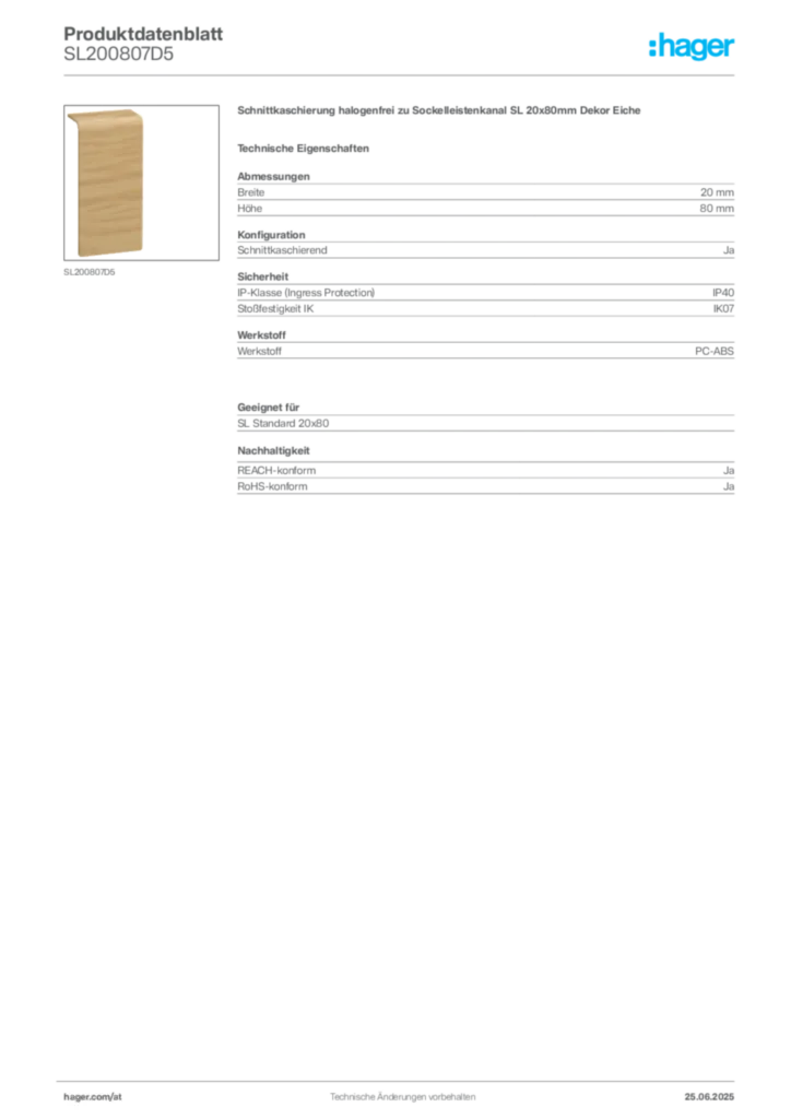 Bild Hager Produktdatenblatt SL200807D5 | Hager Deutschland