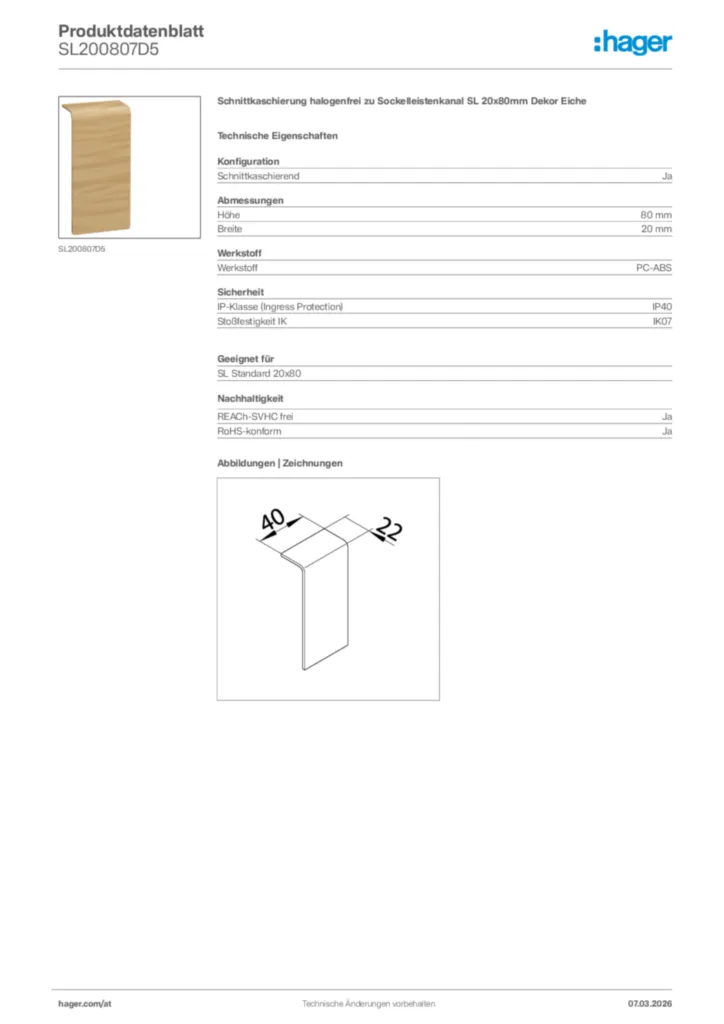 Bild Hager Produktdatenblatt SL200807D5 | Hager Deutschland