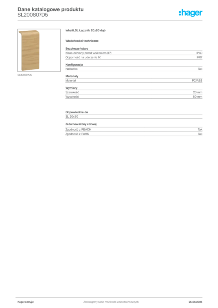 Zdjęcie Hager Dane katalogowe produktu SL200807D5 | Hager Polska