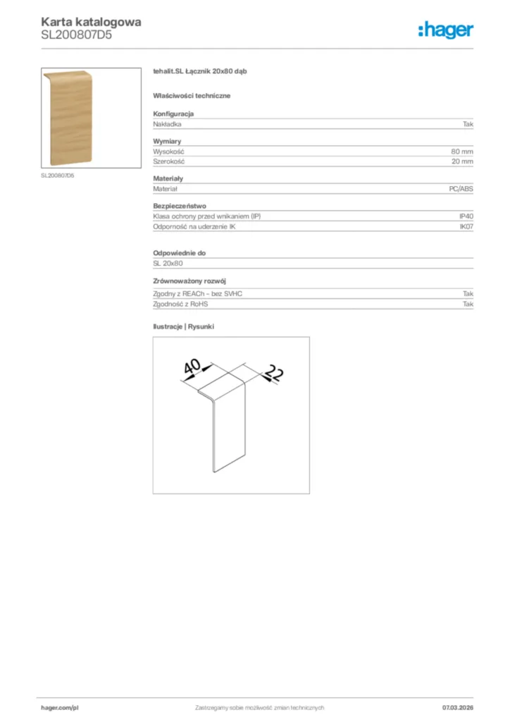 Zdjęcie Hager Karta katalogowa SL200807D5 | Hager Polska