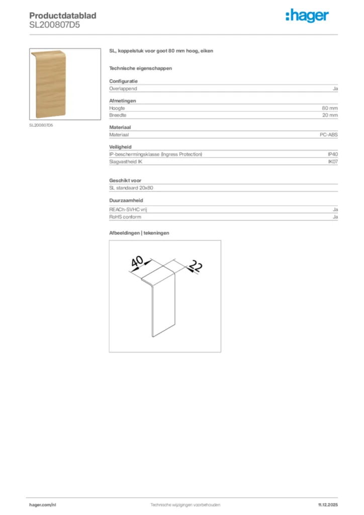 Afbeelding Hager Productdatablad SL200807D5 | Hager Nederland
