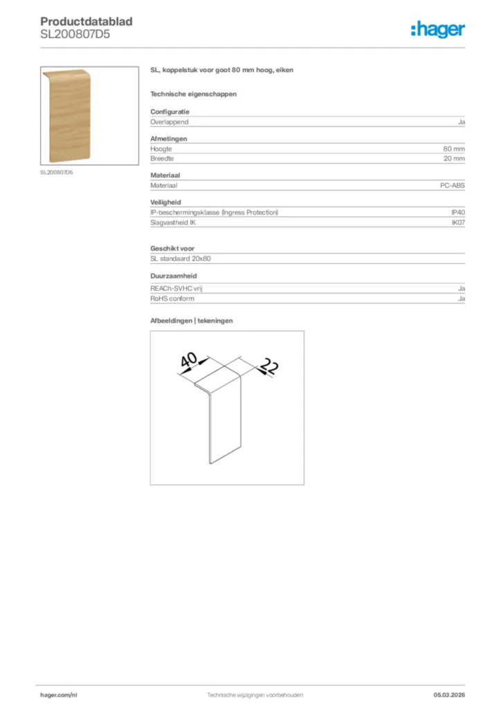 Afbeelding Hager Productdatablad SL200807D5 | Hager Nederland