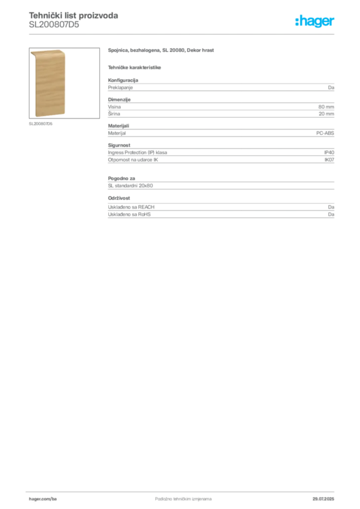 Slika Hager Product data sheet SL200807D5  | Hager
