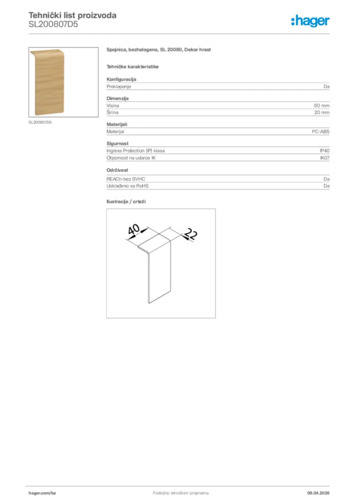 Slika Hager Tehnički list proizvoda SL200807D5  | Hager