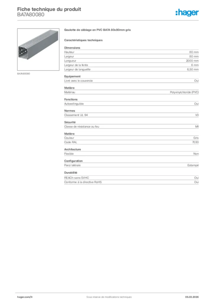 Image Hager Fiche technique du produit BA7A80080 | Hager France