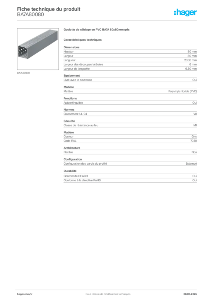 Image Hager Fiche technique du produit BA7A80080 | Hager France