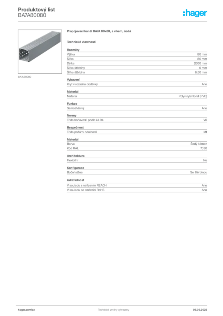 Obrázek Hager Produktový list BA7A80080 | Hager
