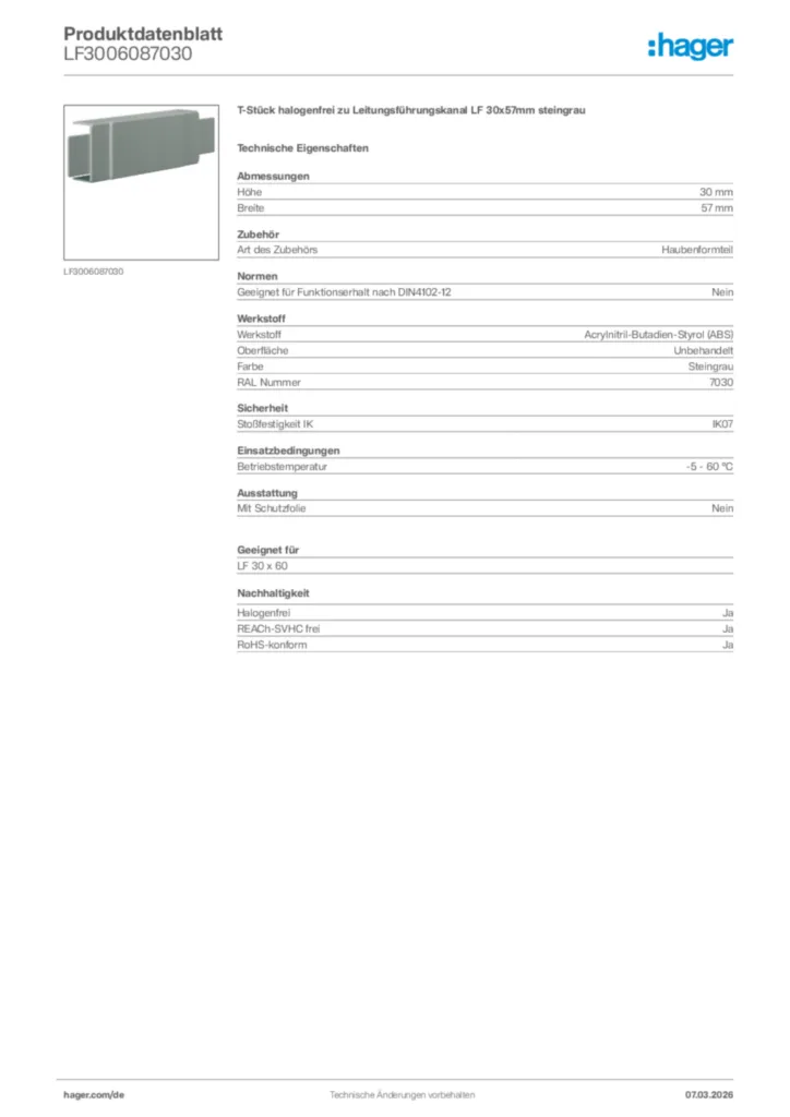 Bild Hager Produktdatenblatt LF3006087030 | Hager Deutschland
