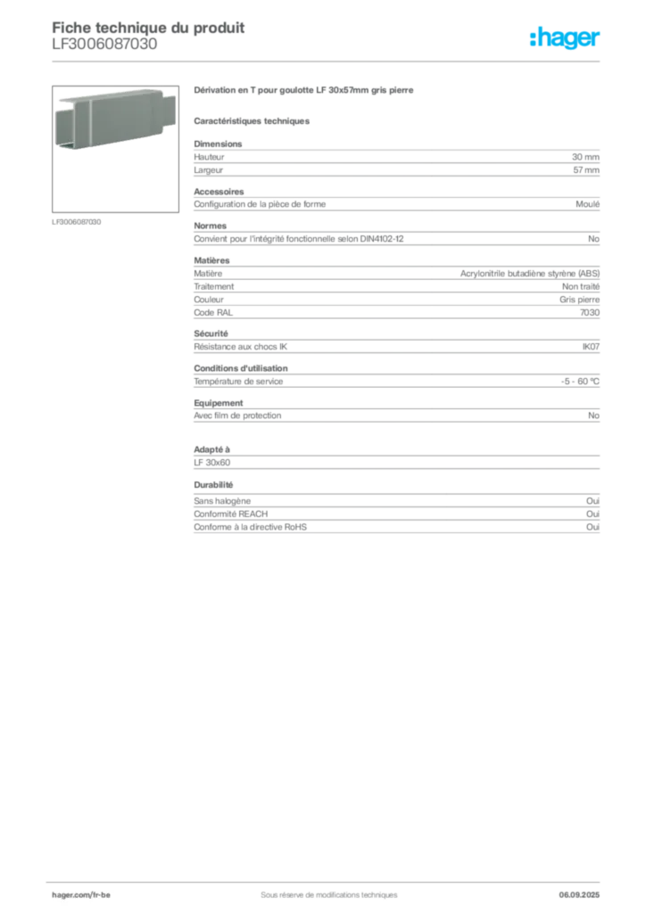 Image Hager Fiche technique du produit LF3006087030 | Hager Belgique