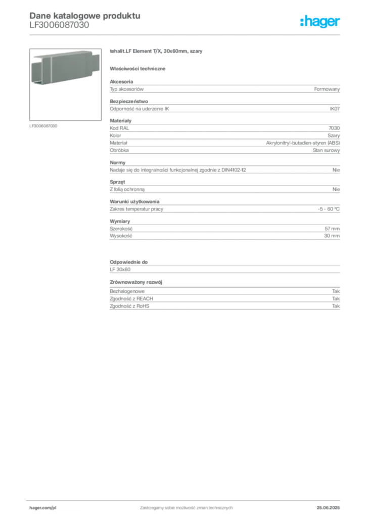 Zdjęcie Hager Dane katalogowe produktu LF3006087030 | Hager Polska