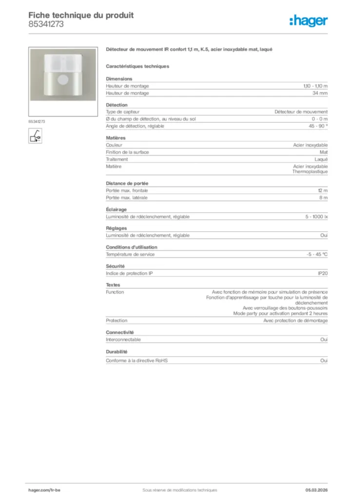 Image Hager Fiche technique du produit 85341273 | Hager Belgique