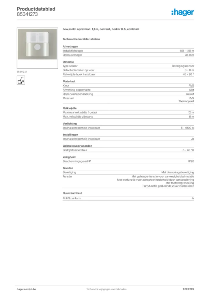 Afbeelding Hager Productdatablad 85341273 | Hager Belgium