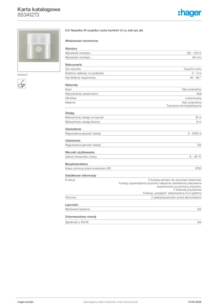 Zdjęcie Hager Karta katalogowa 85341273 | Hager Polska