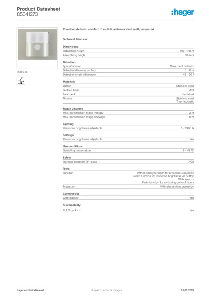 Image Hager Product data sheet 85341273  | Hager
