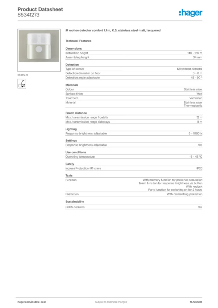 Image Hager Product data sheet 85341273  | Hager