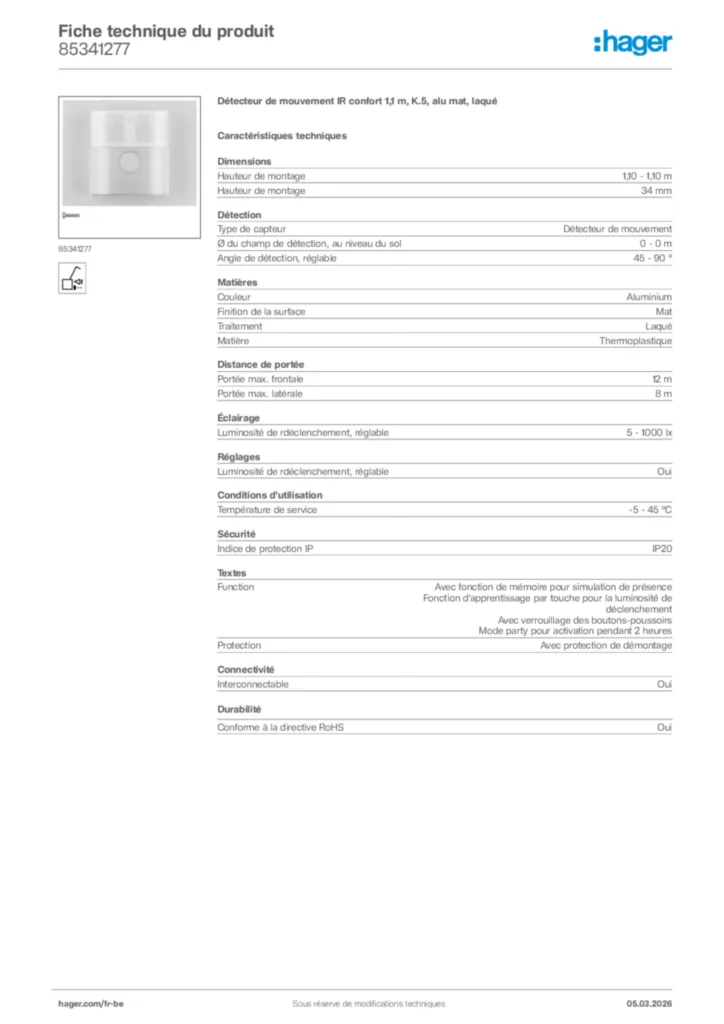 Image Hager Fiche technique du produit 85341277 | Hager Belgique