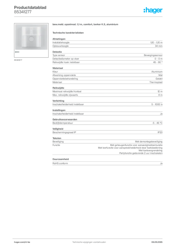 Afbeelding Hager Productdatablad 85341277 | Hager Belgium