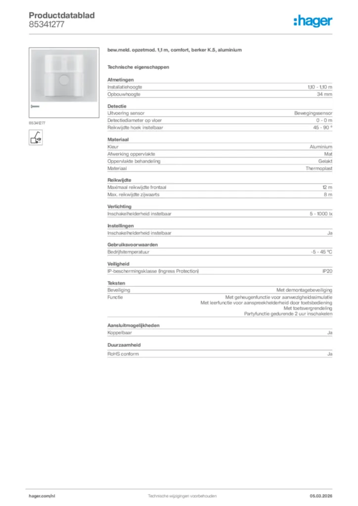 Afbeelding Hager Productdatablad 85341277 | Hager Nederland