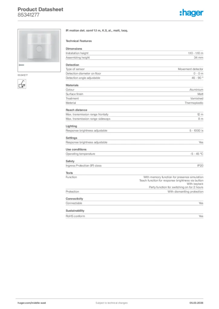 Image Hager Product data sheet 85341277  | Hager