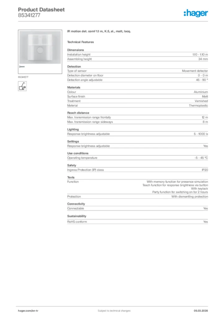 Image Hager Product data sheet 85341277  | Hager
