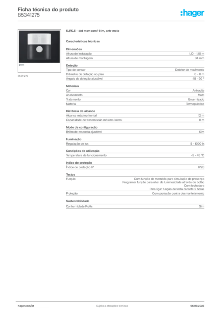 Imagem Hager Ficha técnica do produto 85341275 | Hager Portugal