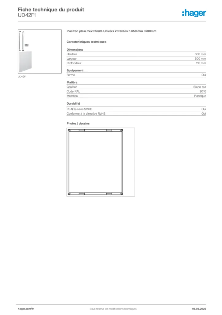 Image Hager Fiche technique du produit UD42F1 | Hager France