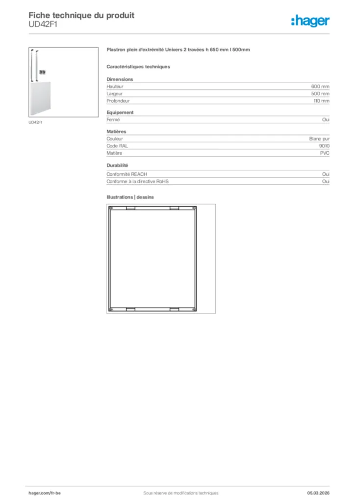 Image Hager Fiche technique du produit UD42F1 | Hager Belgique